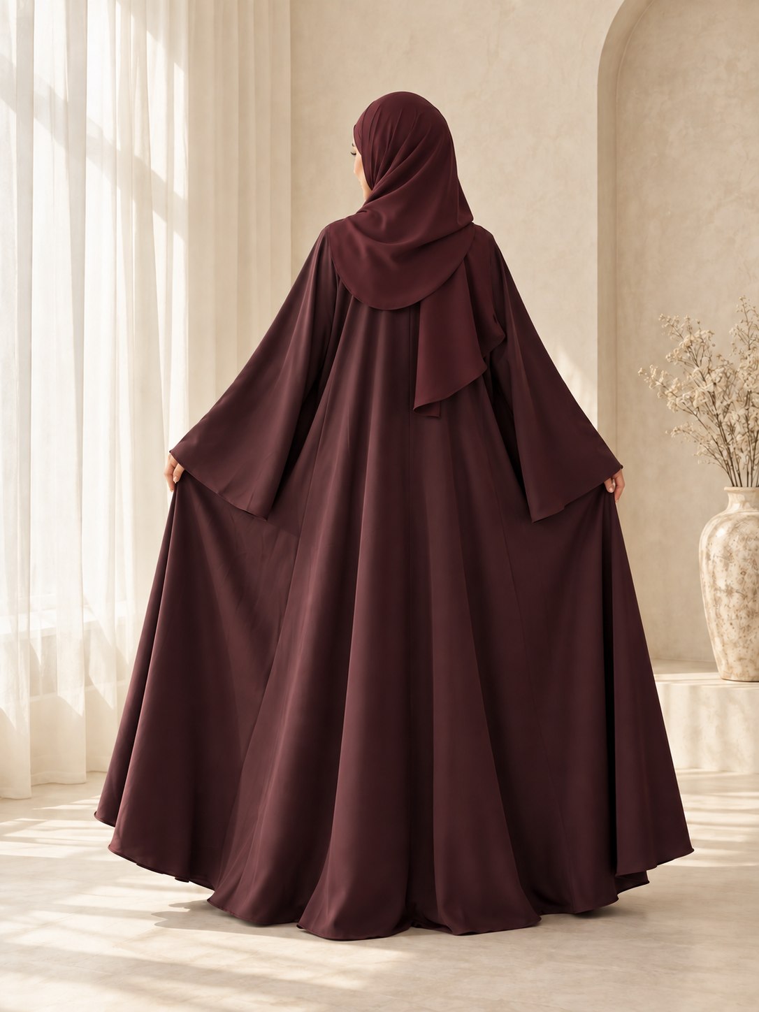 Fictief AI-model in een bordeaux Madeens khimar-look, foto 2
