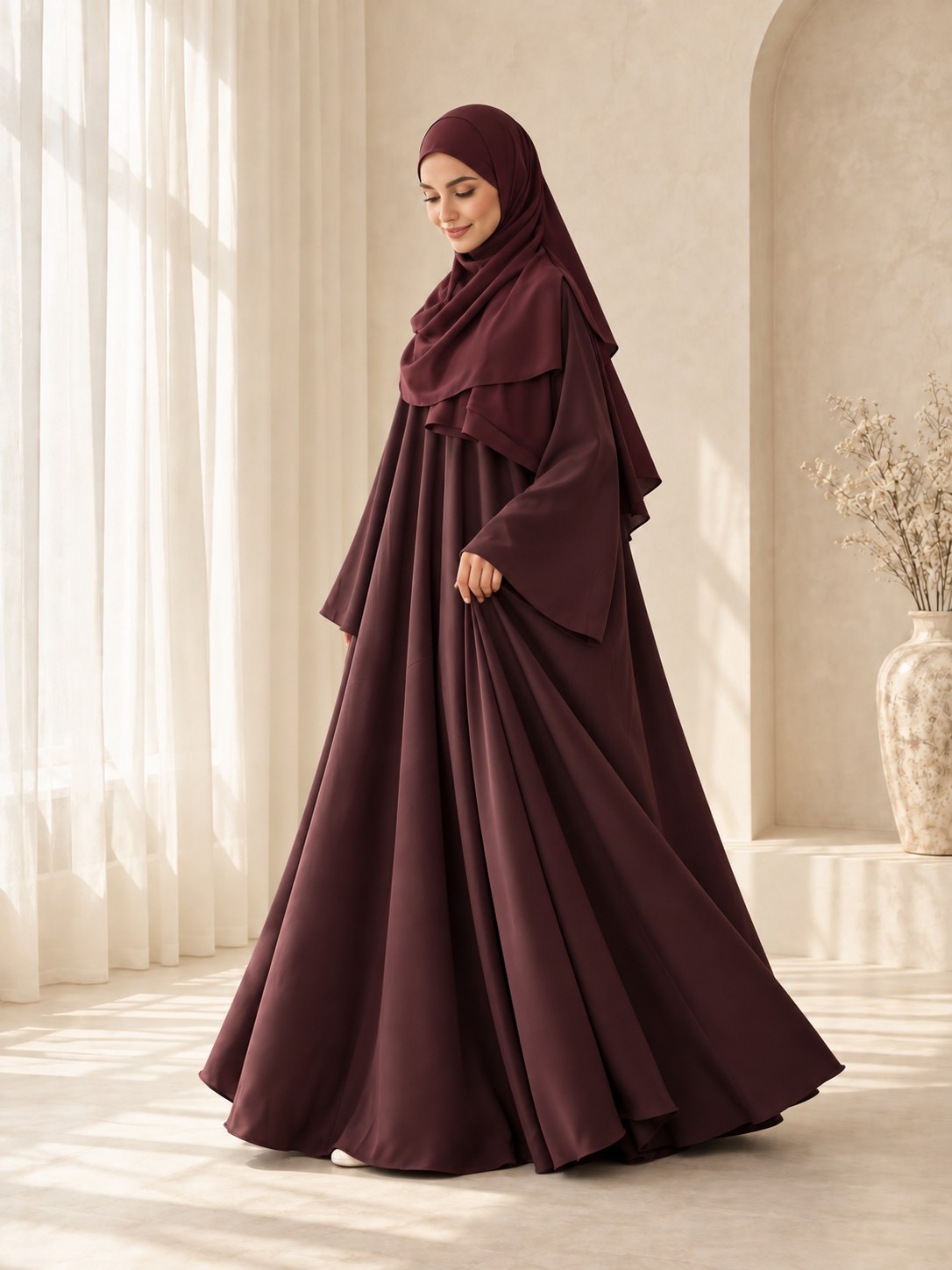 Fictief AI-model in een bordeaux Madeens khimar-look, foto 3